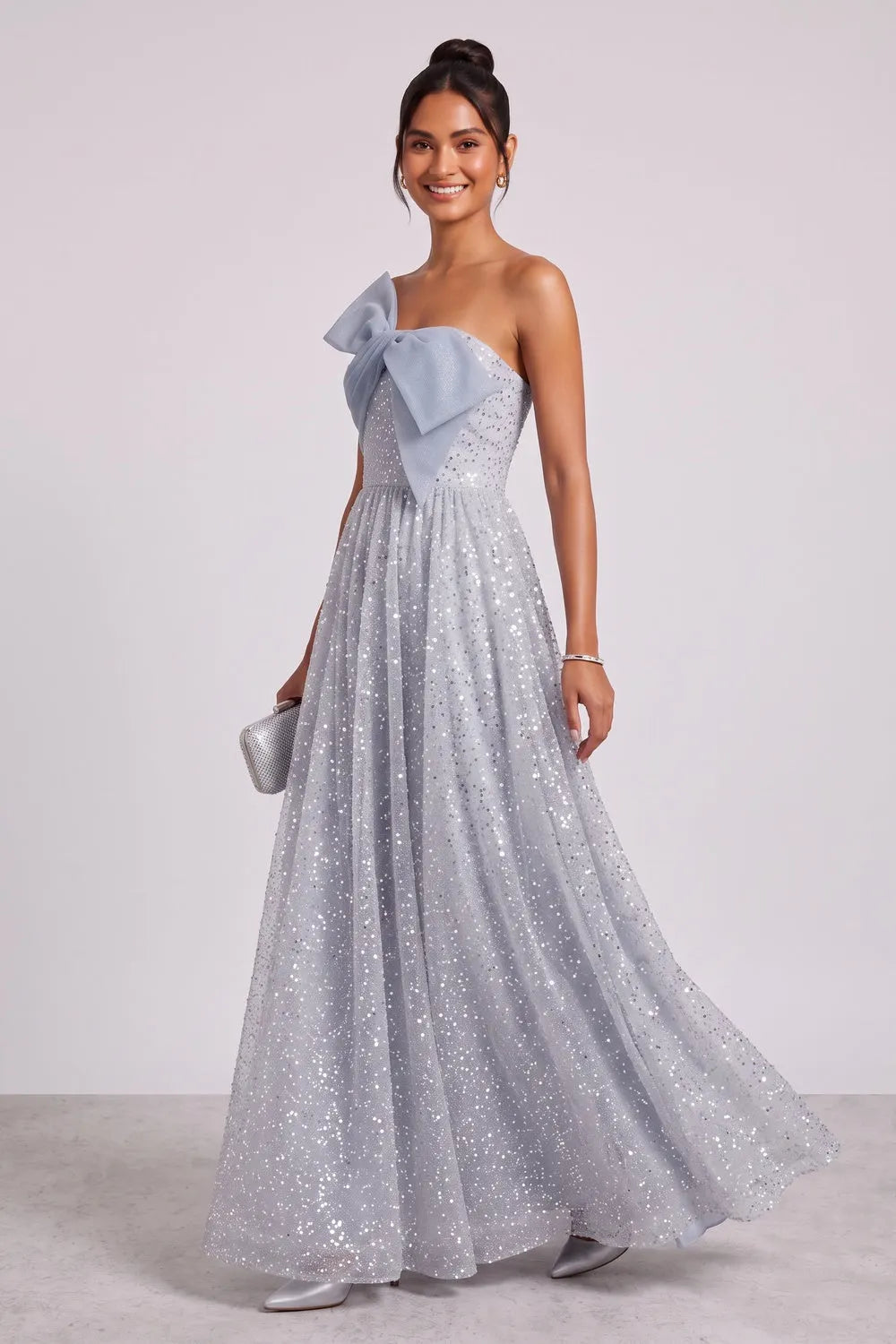 Silver-Blue Glitter Tulle A-Line Evening Gown Flowering Girl