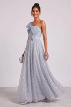 Silver-Blue Glitter Tulle A-Line Evening Gown Flowering Girl
