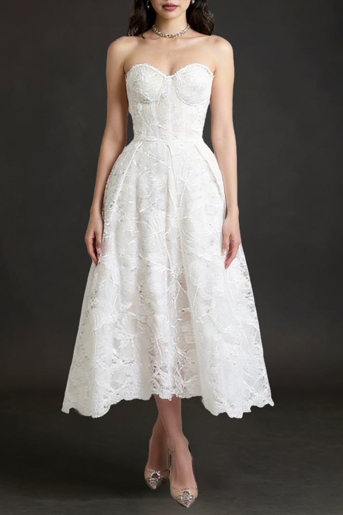 Agnens White Sexy Strapless Embroidered Lace Midi Dress Flowering Girl