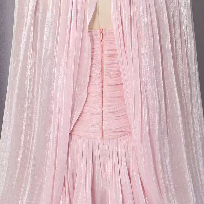 High Neck Keyhole Cape Puff Sleeve Ruched Pleated Mini Dress Flowering Girl