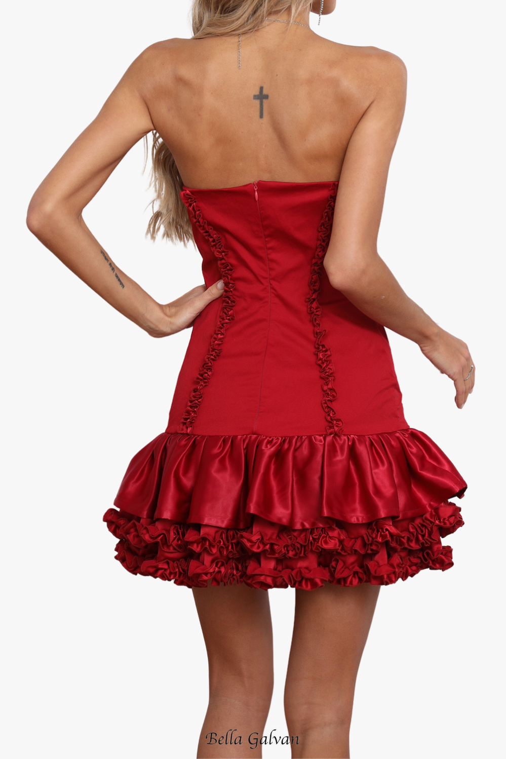 sally ruffle trim strapless mini dress in red Flowering Girl