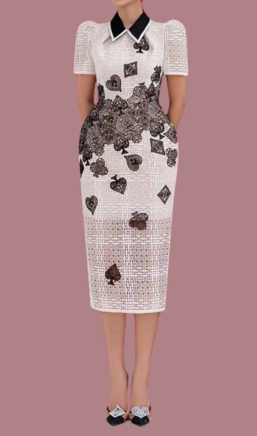 Poker Patterns Embellished Midi Dress In White Flowering Girl