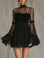 Black Sheer Floral Appliqué High Neck Pleated Chiffon Mini Dress Flowering Girl