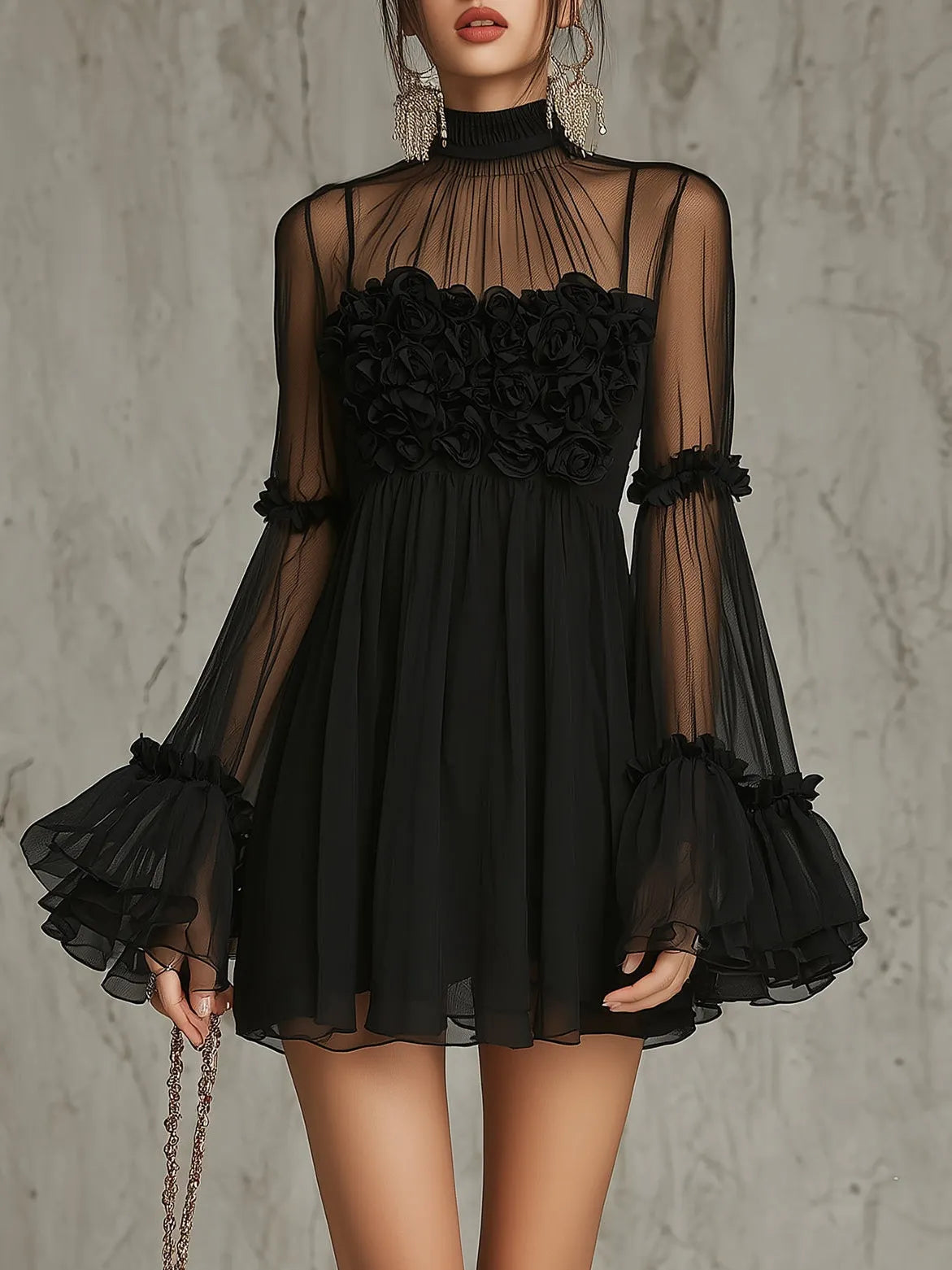 Black Sheer Floral Appliqué High Neck Pleated Chiffon Mini Dress Flowering Girl