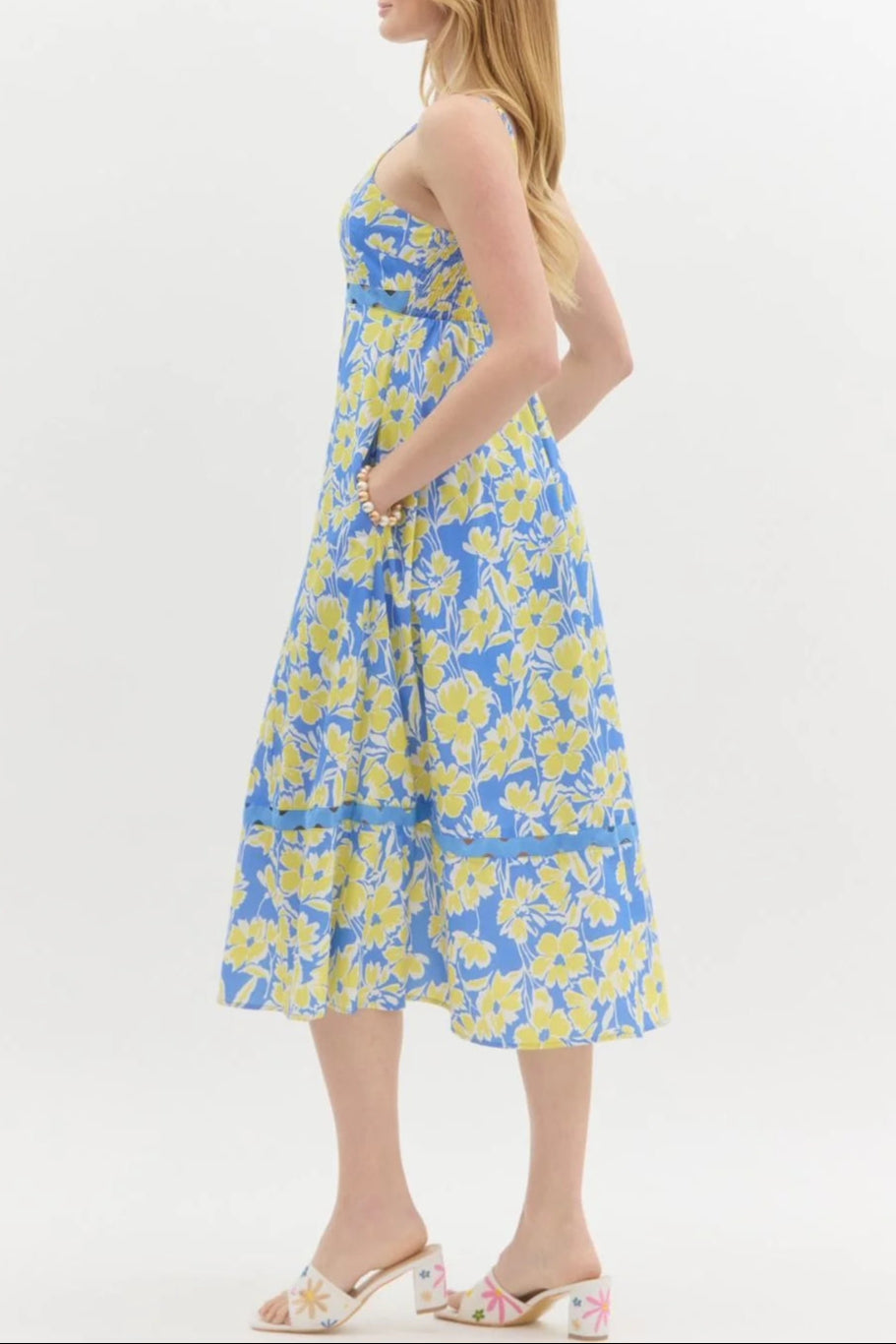 Wallis Floral Print Hollow Midi Dress In Blue Flowering Girl