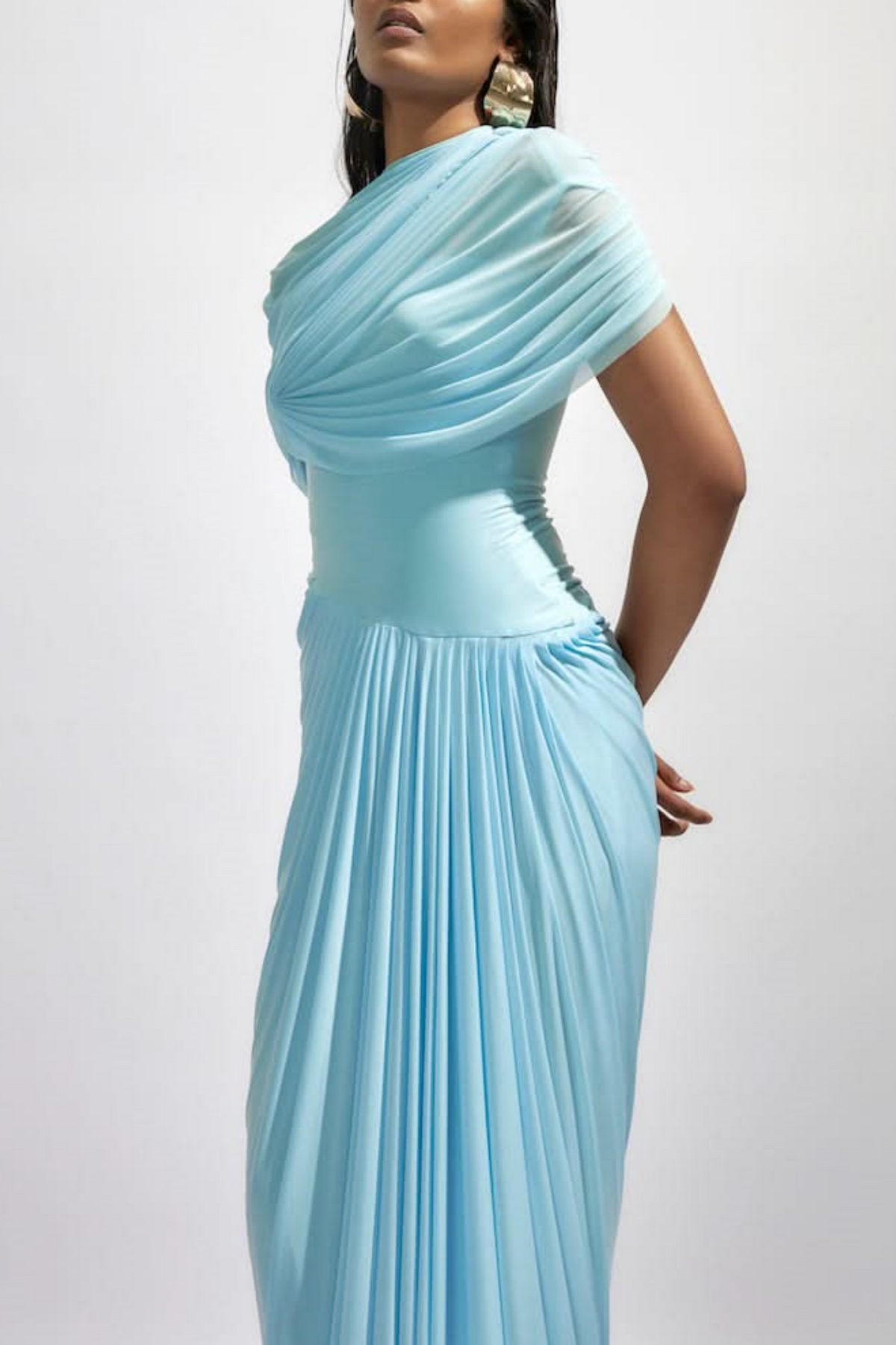 Aakifa Asymmetric Draped Maxi Dress in Baby blue Flowering Girl