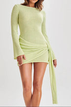 Green Long Sleeve Knitted Mini Dress Flowering Girl