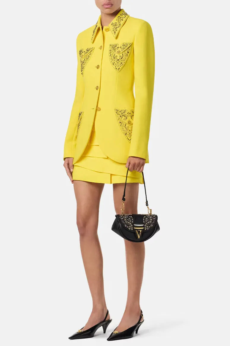 Anila Studded Wool Fitted Single-Breasted Blazer In Yellow Flowering Girl