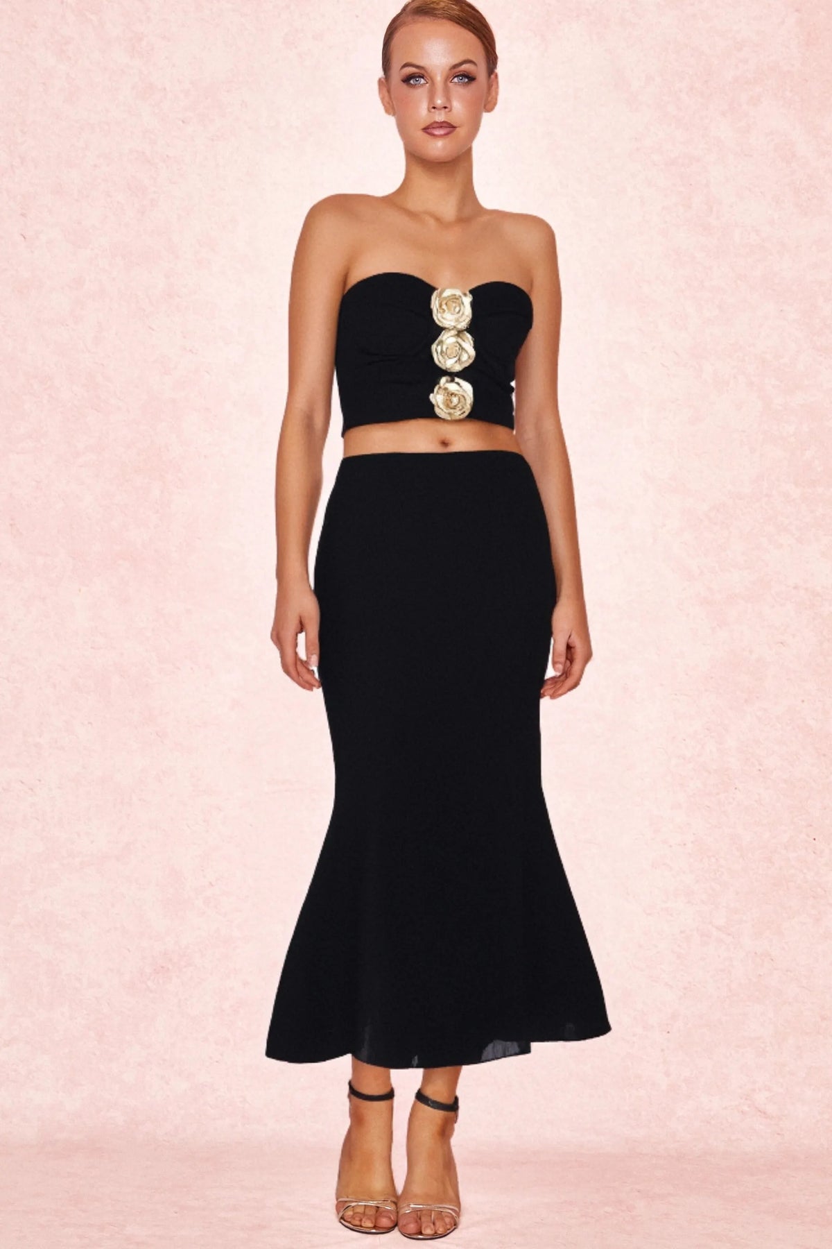 3D Flower Embellished Set In Black Flowering Girl