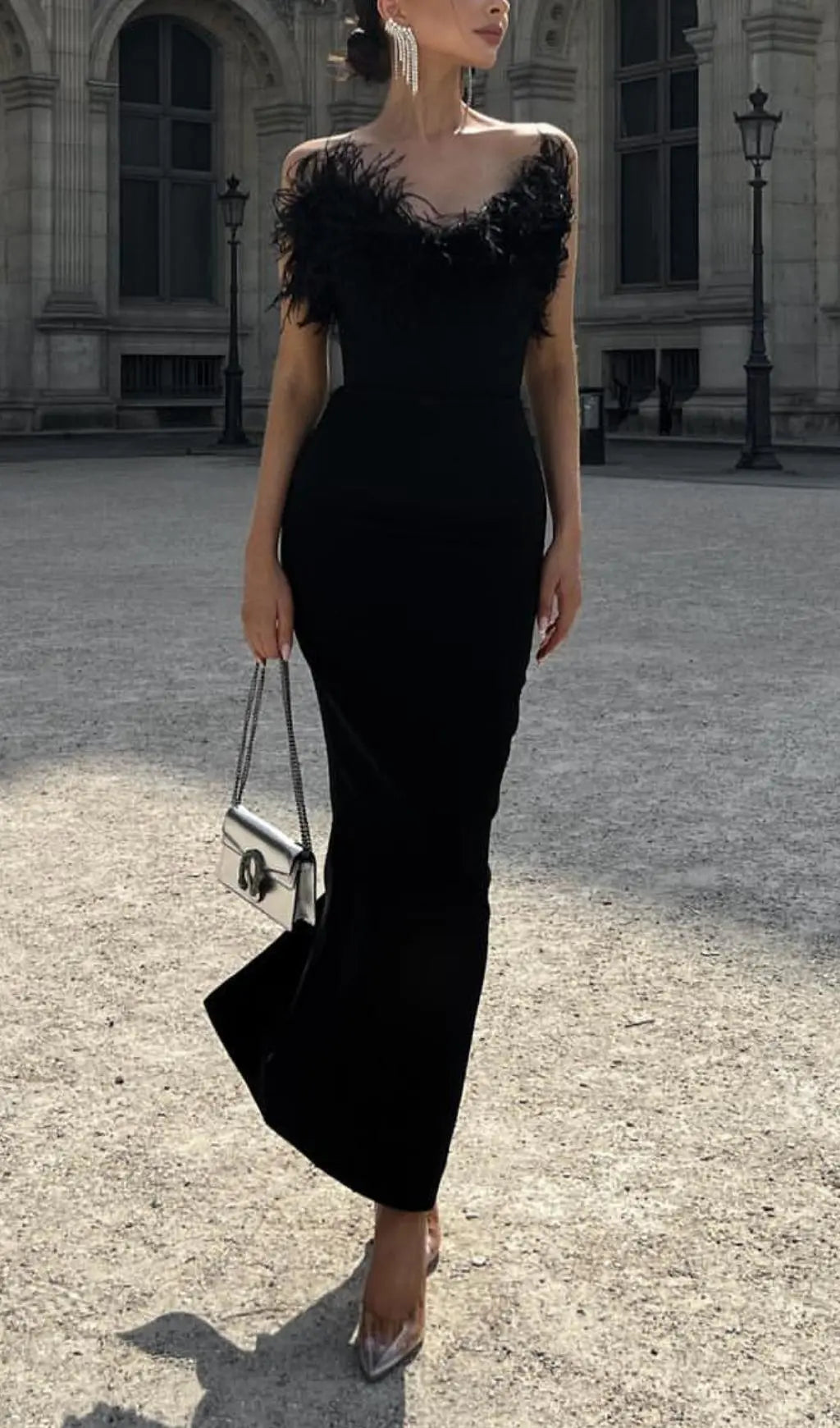 Feather Bodycon Maxi Dress In Black Flowering Girl