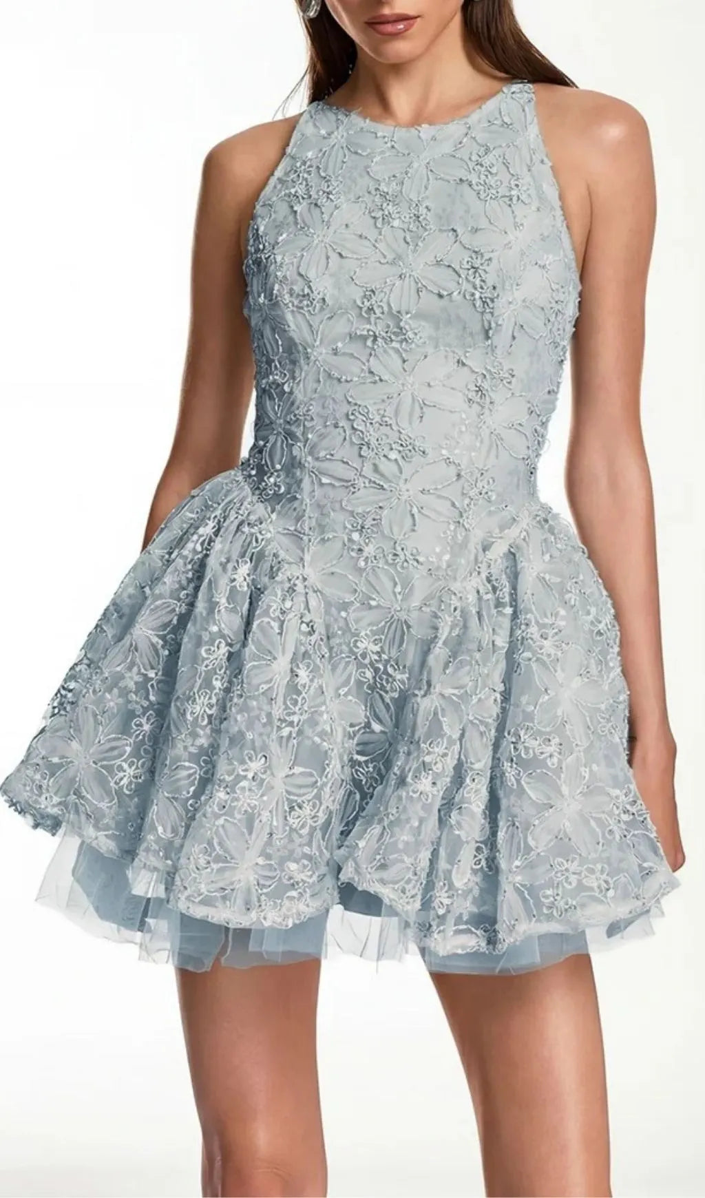 Katsumi Blue Halter Lace Flower Mini Dress Flowering Girl