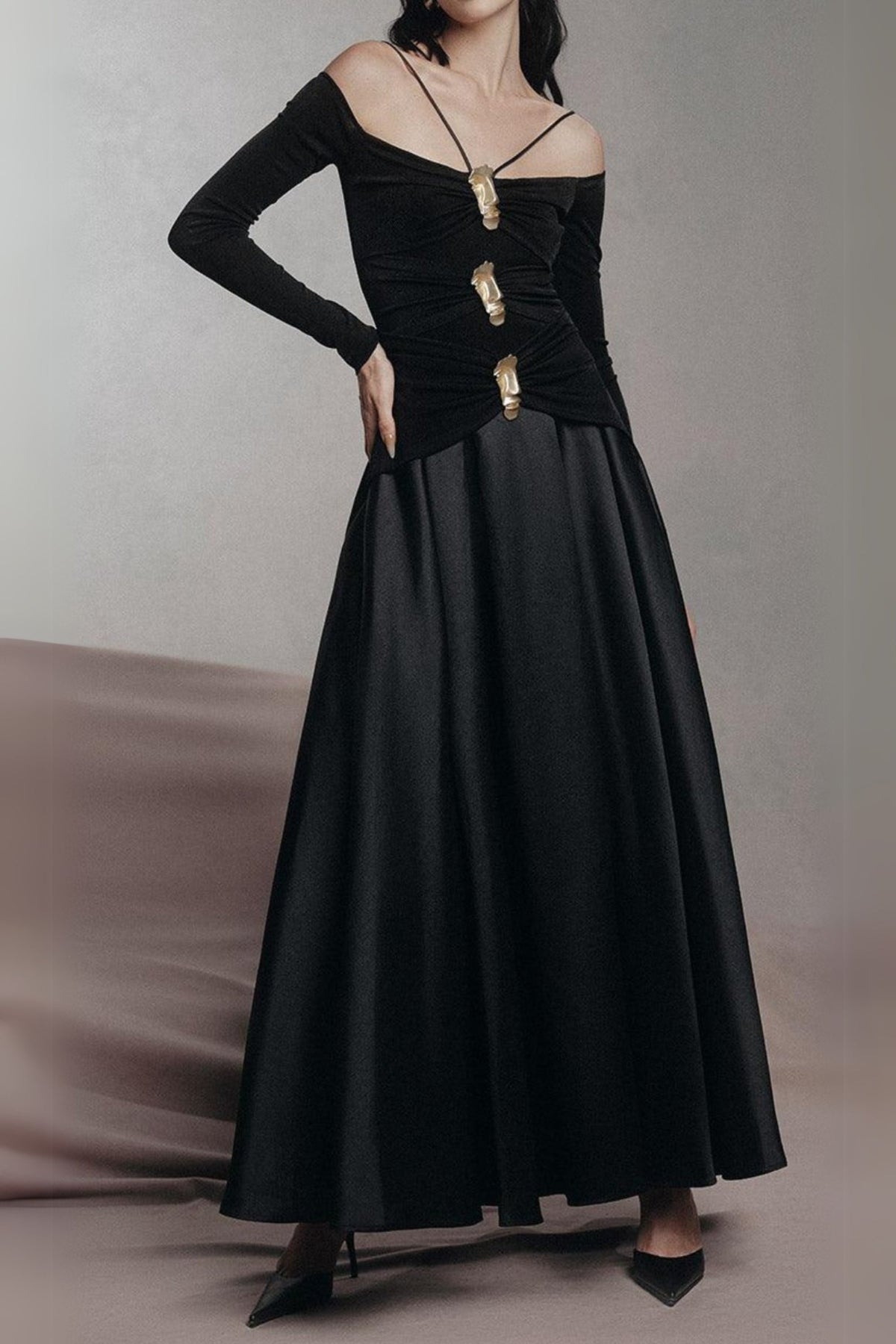 Black A-Line Cold Shoulder Sleeved Spandex Taffeta Maxi Dress Flowering Girl