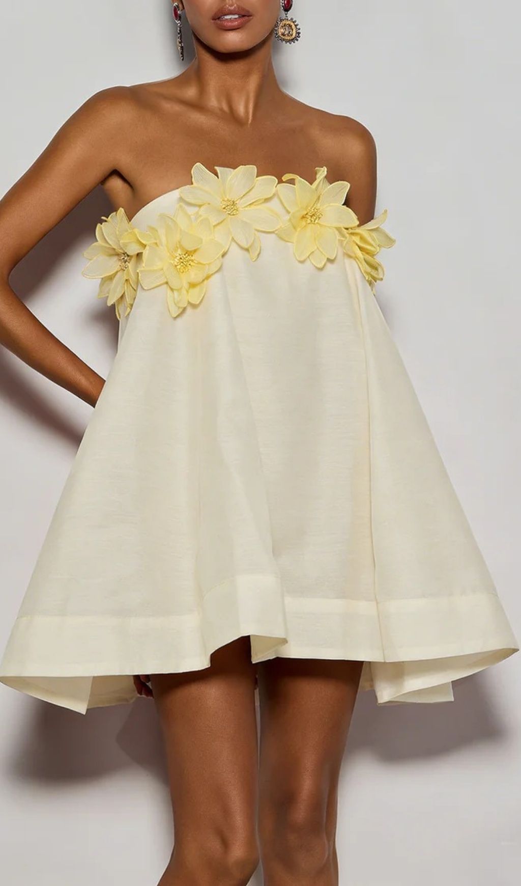 Gratho Strapless Flower Mini Dress In Yellow Flowering Girl