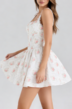 Hedy Elastic Printed Tie-Waist Mini Dress——Pink Flowering Girl