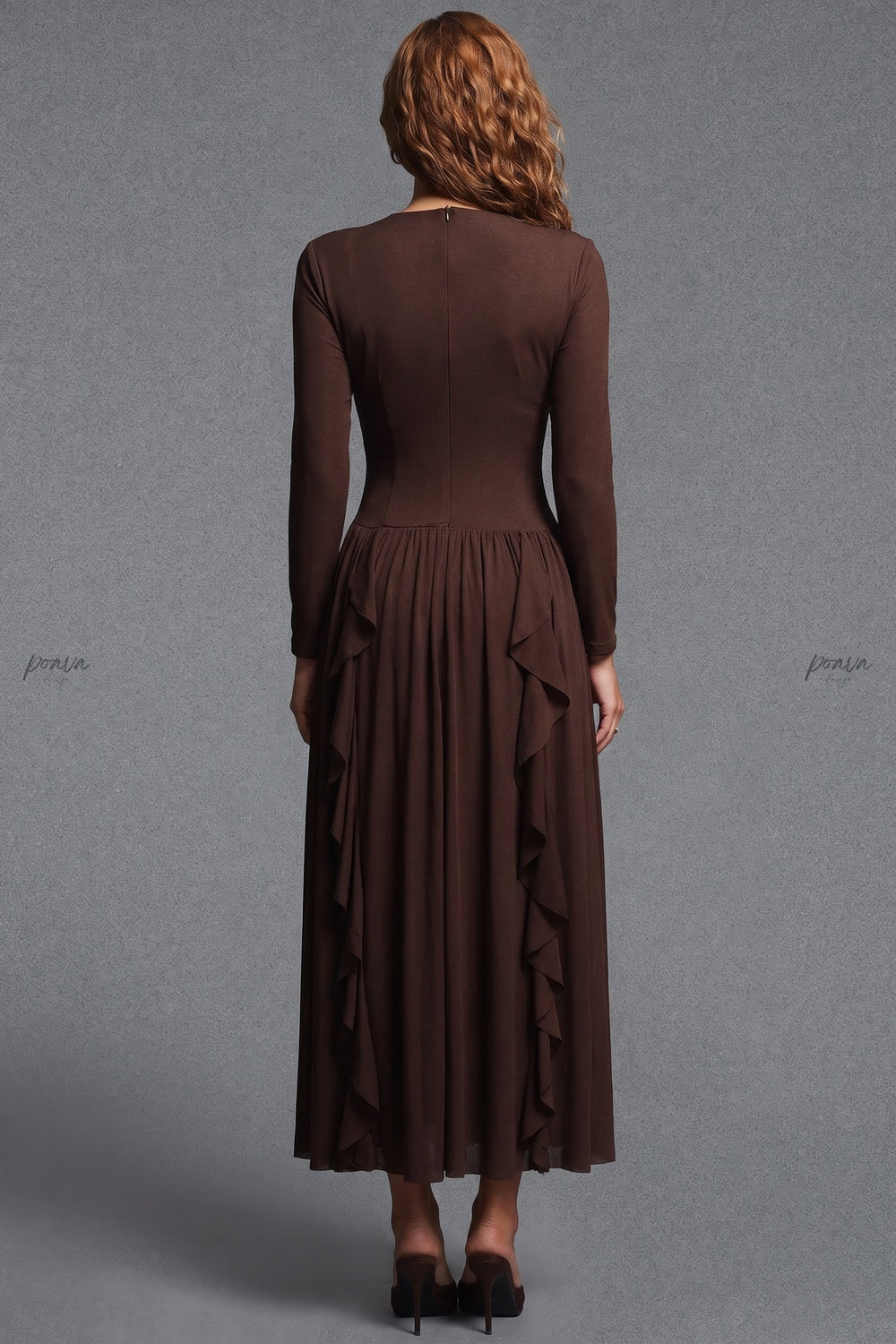 Dark Brown A-Line Maxi Dress with Lace Trim V-Neck and Cascading Ruffles Flowering Girl