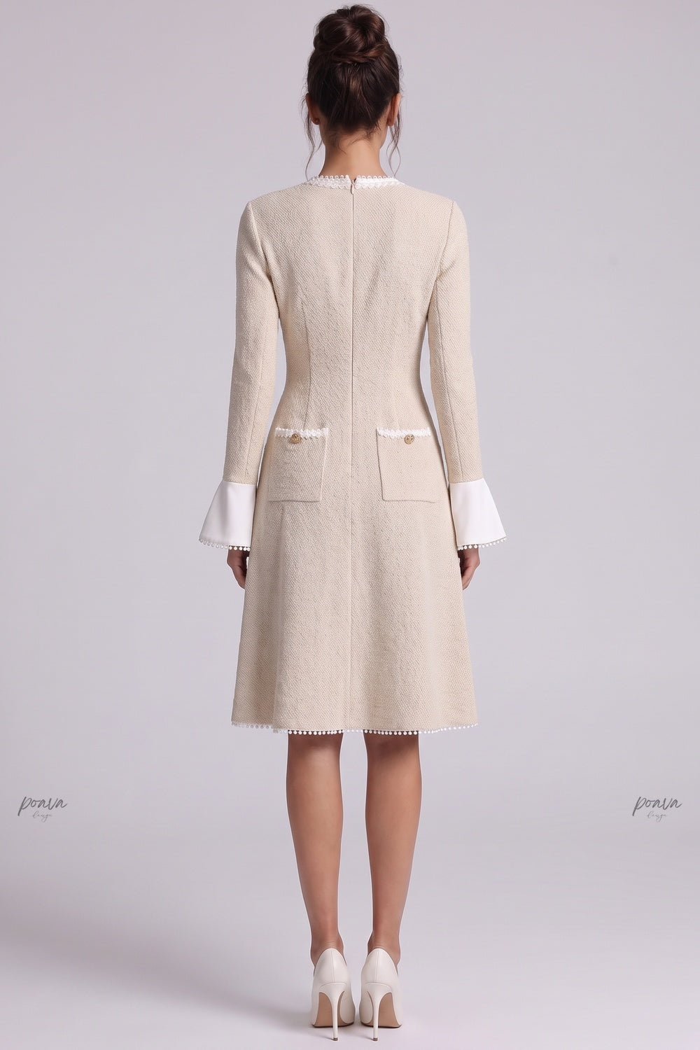 Beige Textured Bouclé Knit A-Line Midi Dress Flowering Girl
