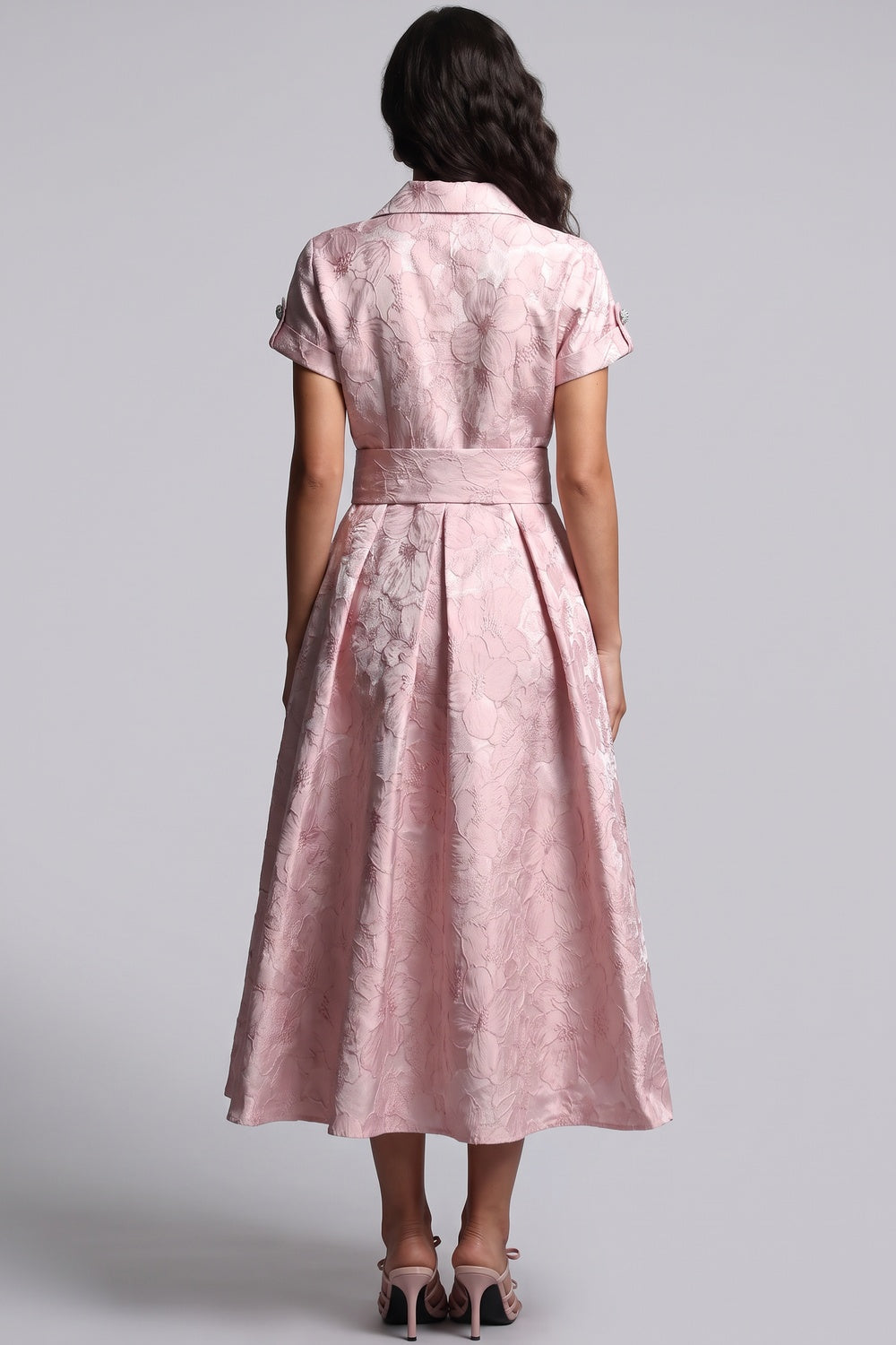 Pale Pink Floral Jacquard Fit-and-Flare Midi Dress with Metallic Sheen Flowering Girl