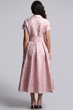 Pale Pink Floral Jacquard Fit-and-Flare Midi Dress with Metallic Sheen Flowering Girl