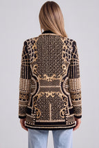 Black Structured Longline Blazer with Pearl and Gold Embroidery Flowering Girl