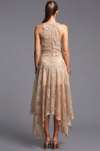 Beige Corded Floral Lace A-Line Midi Dress with Asymmetrical Hem Flowering Girl