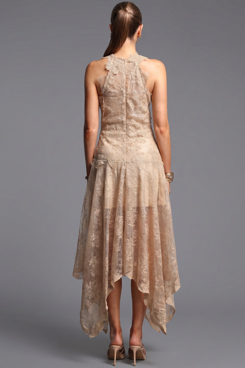 Beige Corded Floral Lace A-Line Midi Dress with Asymmetrical Hem Flowering Girl