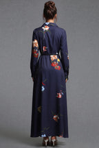 Navy Blue Floral Satin-Weave A-Line Shirt Dress Flowering Girl