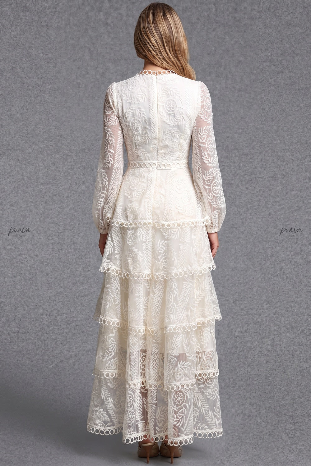 Off-white embroidered lace on mesh base tiered A-line maxi dress Flowering Girl