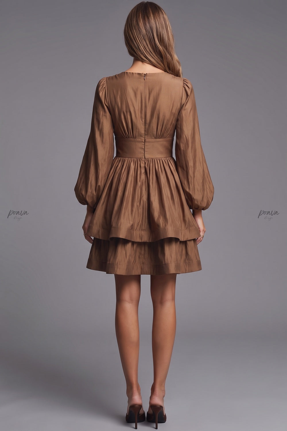 Bronze Brown Taffeta-Like Fit-and-Flare Tiered Mini Dress Flowering Girl