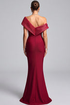 Deep Red Structured Crepe Mermaid Evening Gown with Silver Beaded Asymmetrical Bodice Flowering Girl