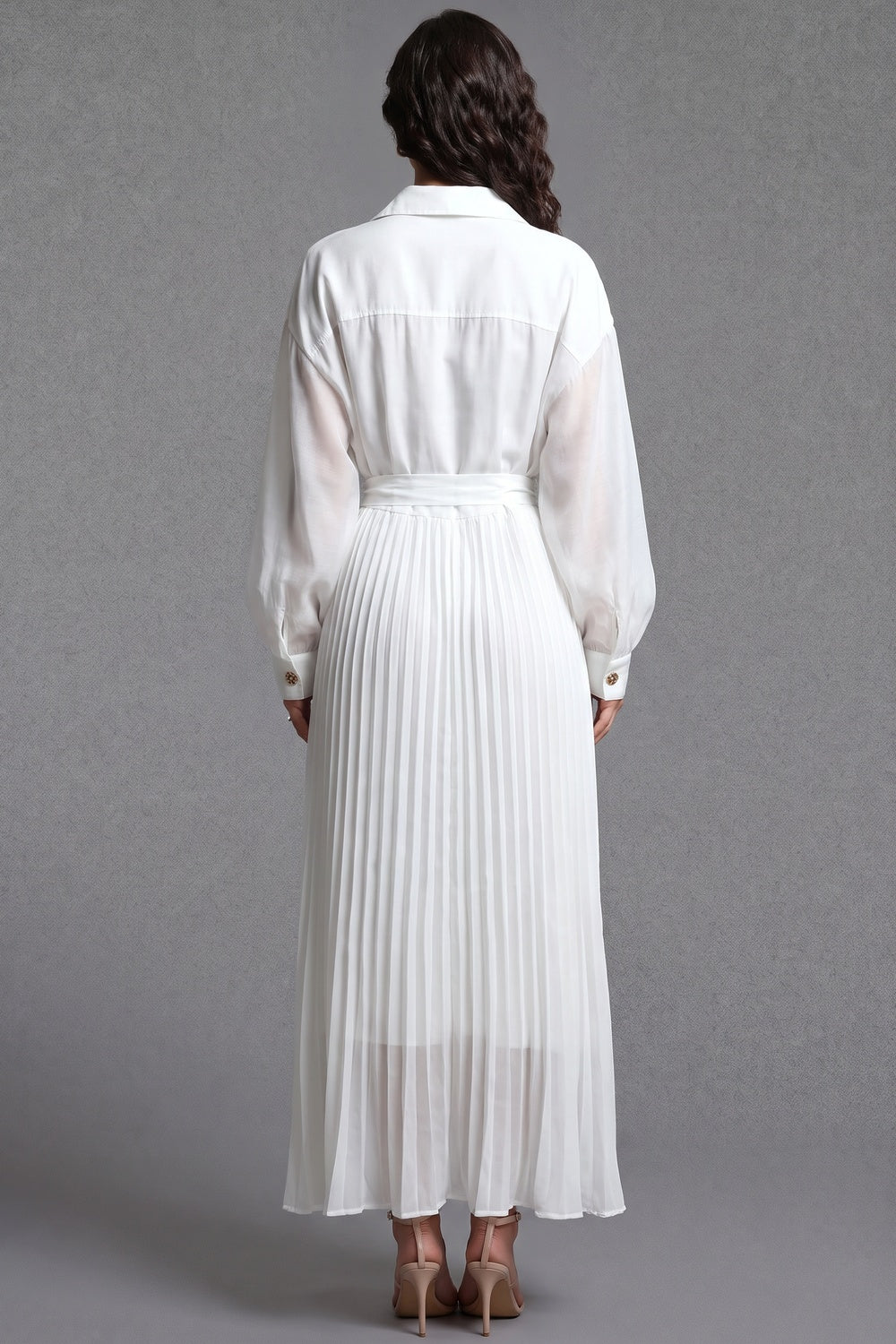 White Semi-Sheer Chiffon Pleated Shirt Dress Flowering Girl