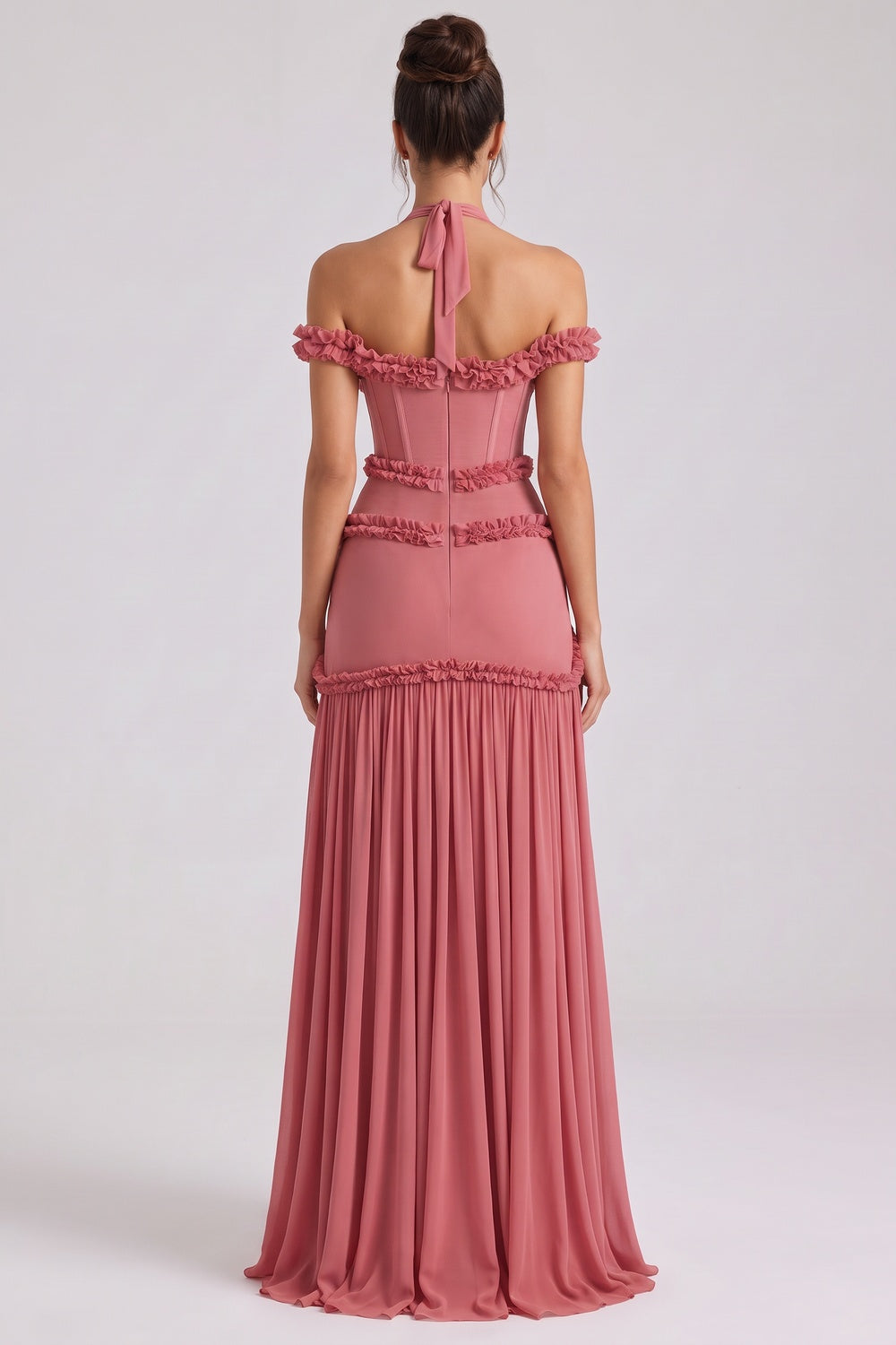Dusty Rose Fitted Corset Gown with Tiered Ruffles and Halter Neck Flowering Girl