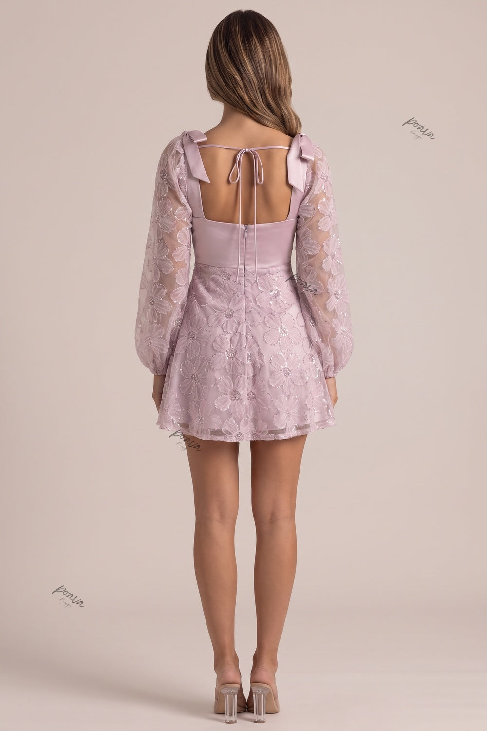 Lilac Sheer Floral Embroidered Mesh A-line Fit-and-Flare Mini Dress Flowering Girl