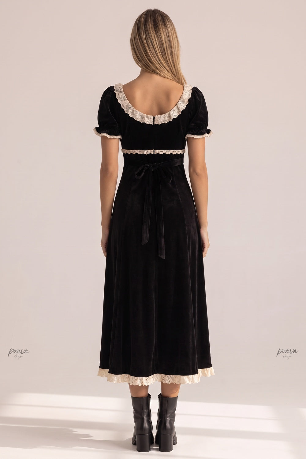 Black Velvet Empire-Waist A-Line Dress with Cream Lace Trim Flowering Girl