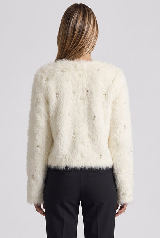 Off-White Faux Fur Boxer Jacket with Pearl Bead Details Flowering Girl