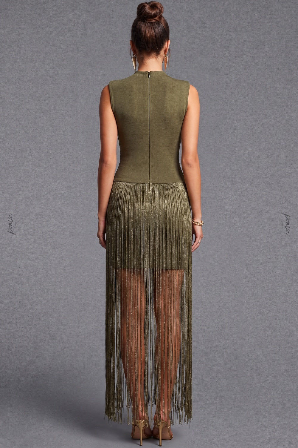 Olive Green Metallic Fringe Fitted Bodice Dress Flowering Girl