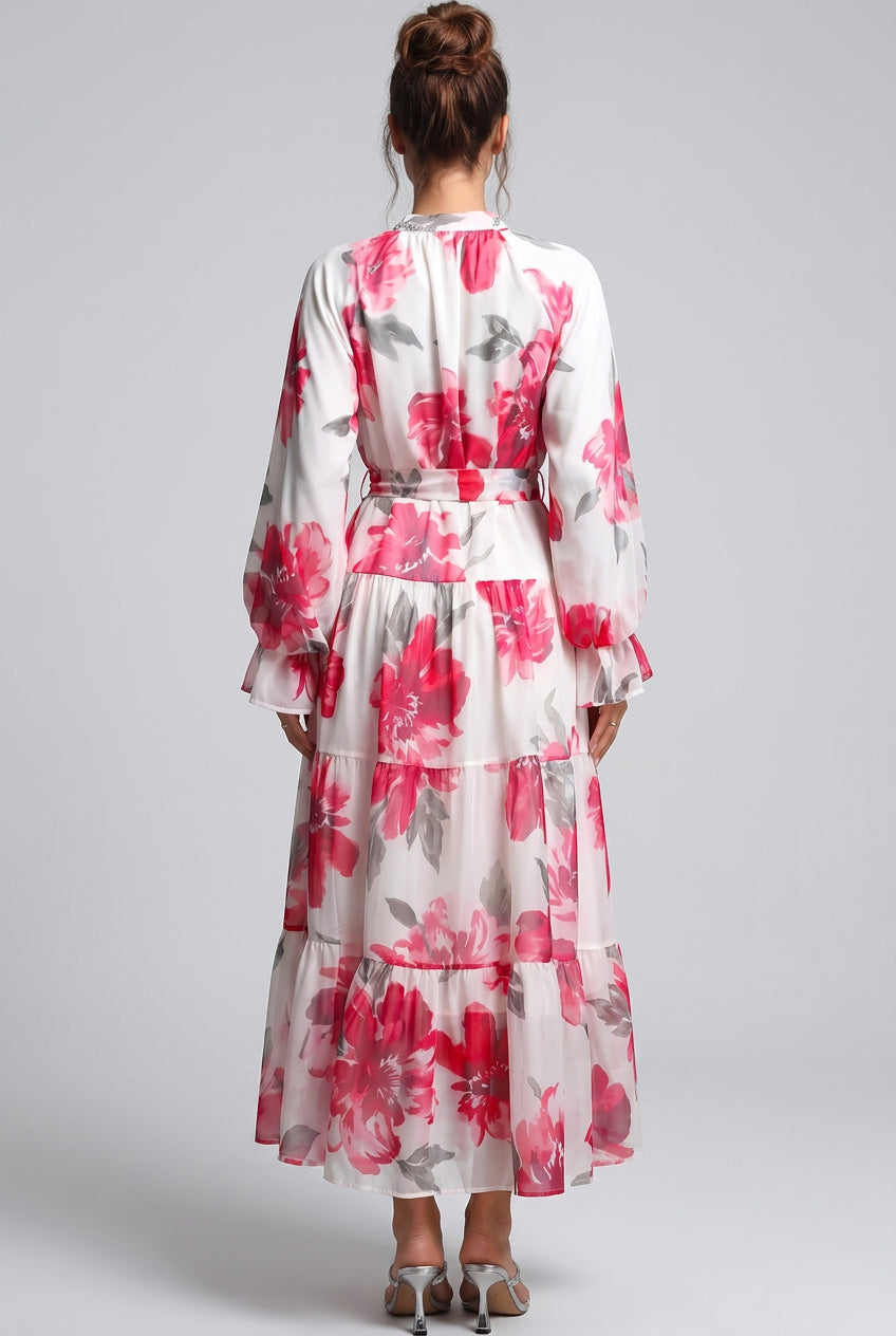 White Tiered A-Line Floral Chiffon Maxi Dress Flowering Girl