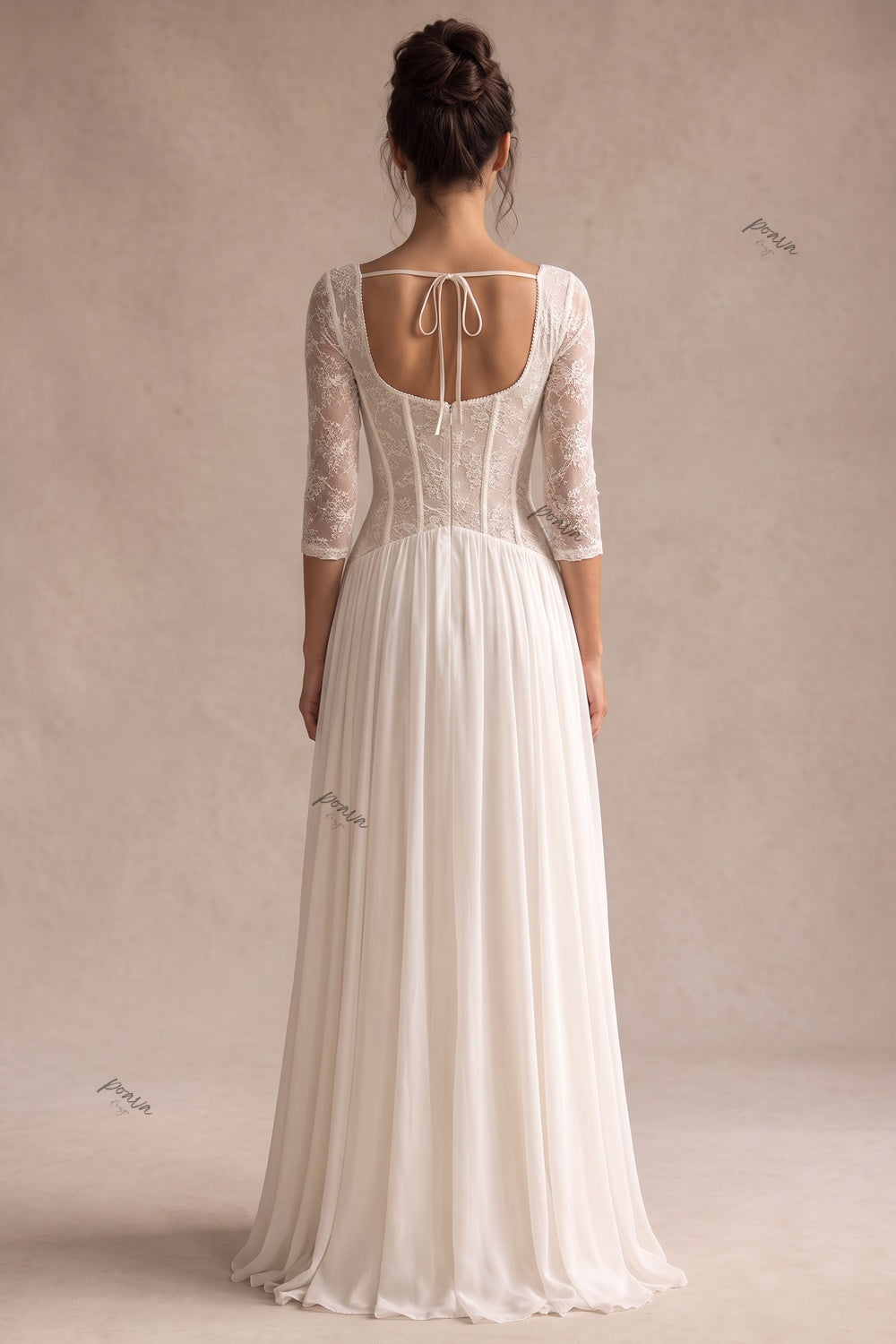 Ivory Chiffon A-Line Wedding Dress with Lace Bodice Flowering Girl