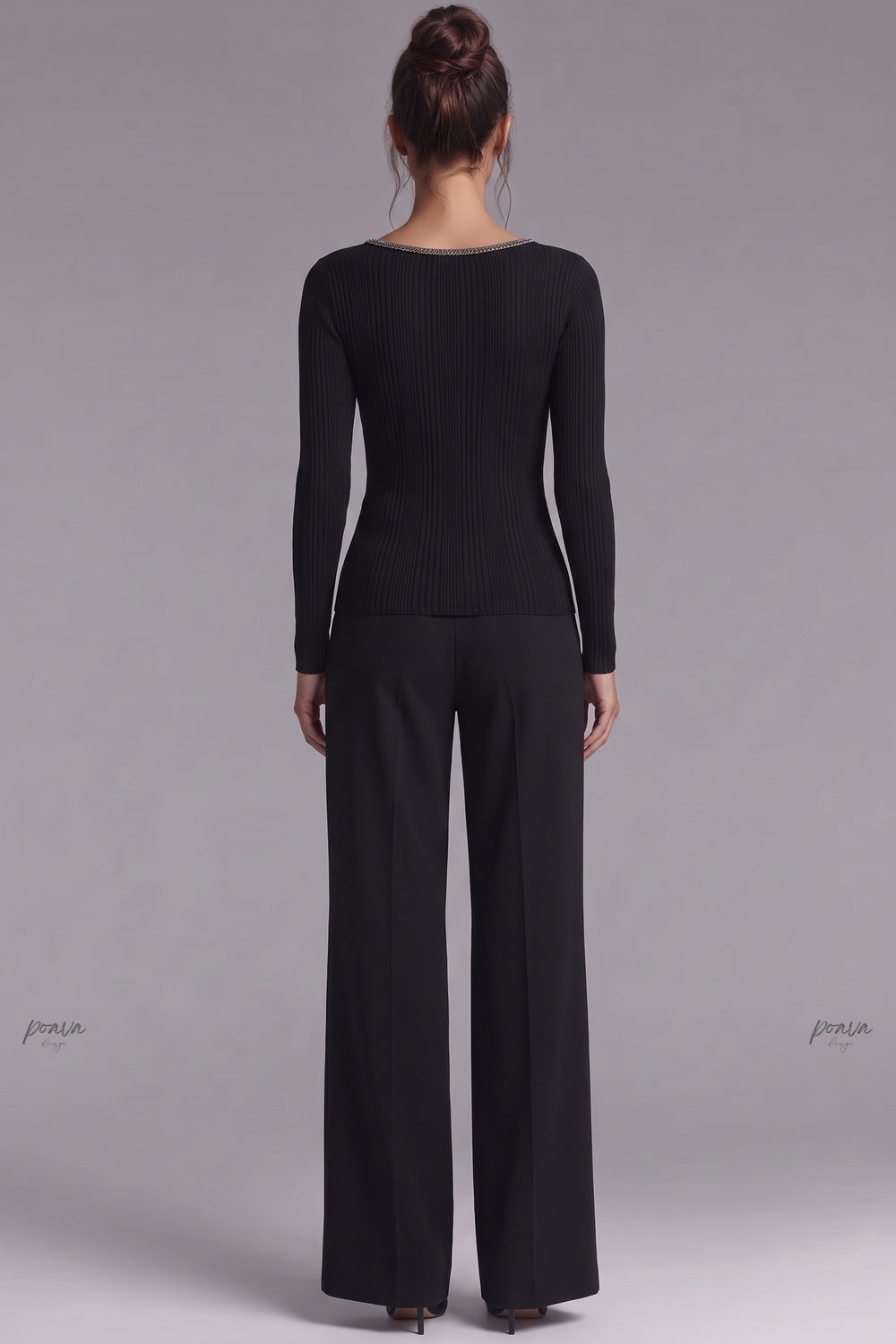 Black Ribbed Knit Fitted Top with Metallic Detail Flowering Girl