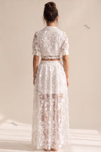 White Sheer 3D Floral Two-Piece Set with Tie-Front Cropped Top and Button-Front Maxi Skirt Flowering Girl