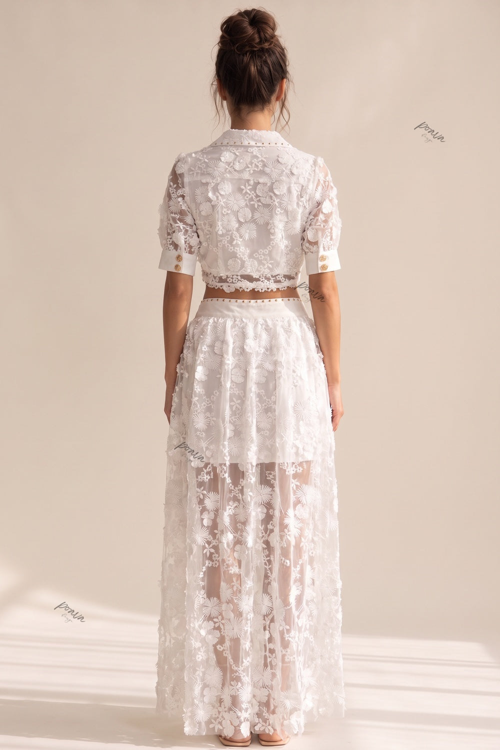 White Sheer 3D Floral Two-Piece Set with Tie-Front Cropped Top and Button-Front Maxi Skirt Flowering Girl