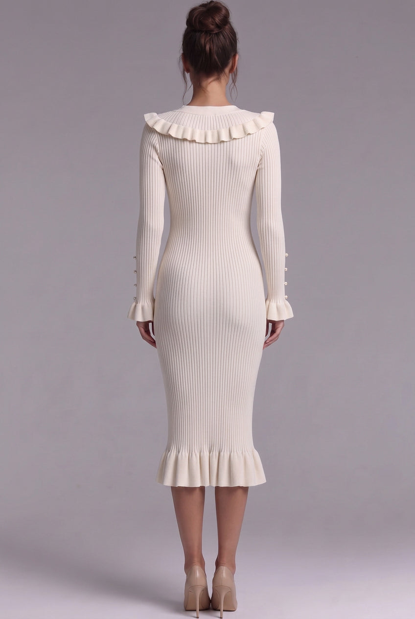 Cream Ribbed Knit Fitted Sheath Midi Dress with Ruffle Trim Flowering Girl