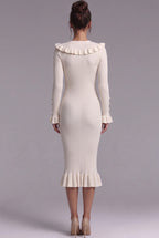 Cream Ribbed Knit Fitted Sheath Midi Dress with Ruffle Trim Flowering Girl