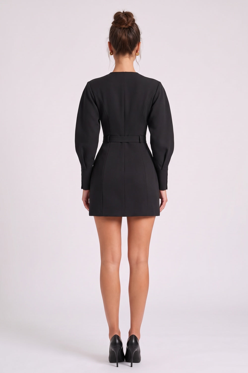 Black Structured A-Line Mini Dress | Puff Sleeves & Plunge V-Neck Flowering Girl