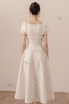 Ivory Floral Lace A-Line Midi Dress with Square Neckline Flowering Girl