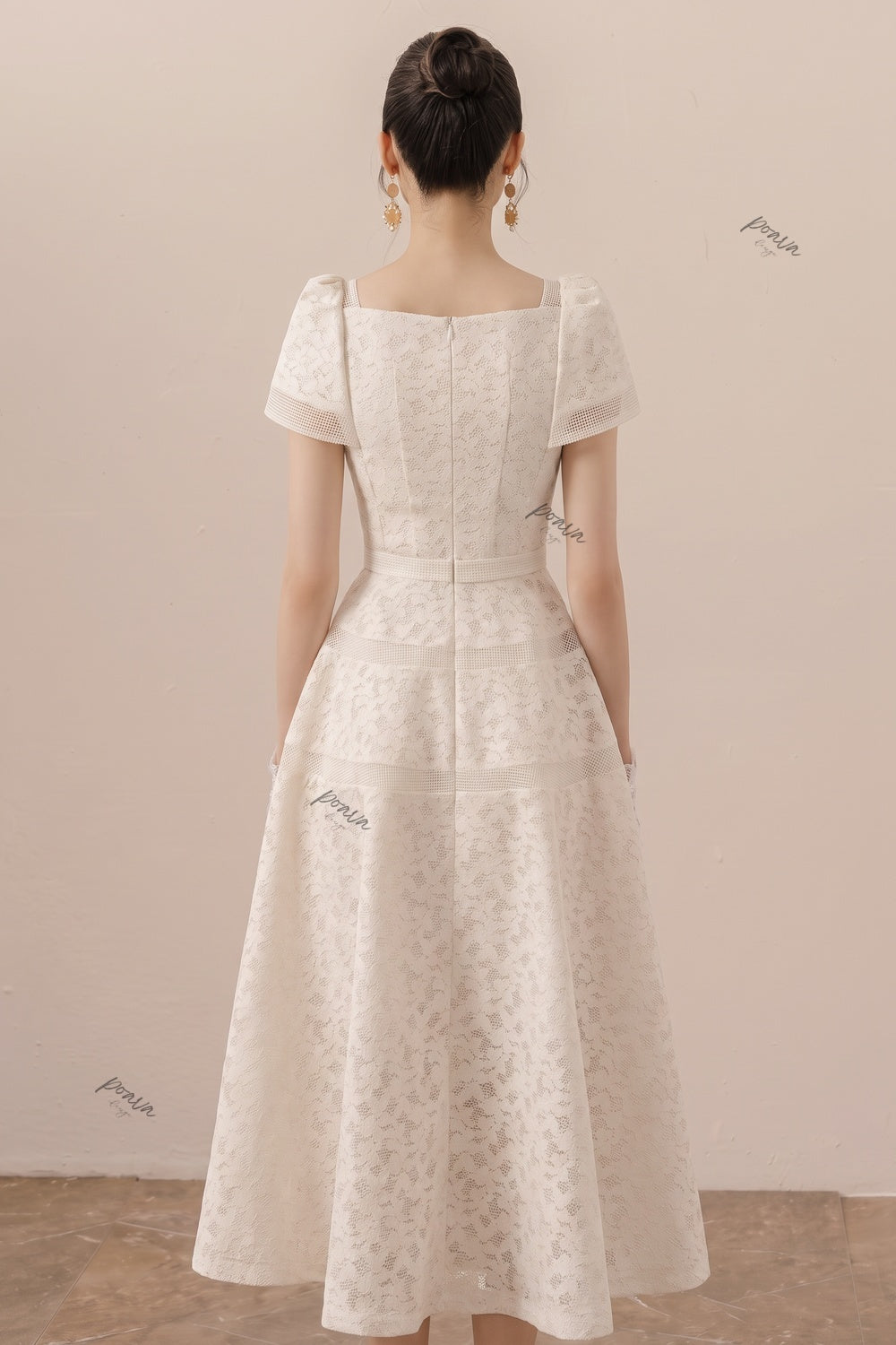 Ivory Floral Lace A-Line Midi Dress with Square Neckline Flowering Girl