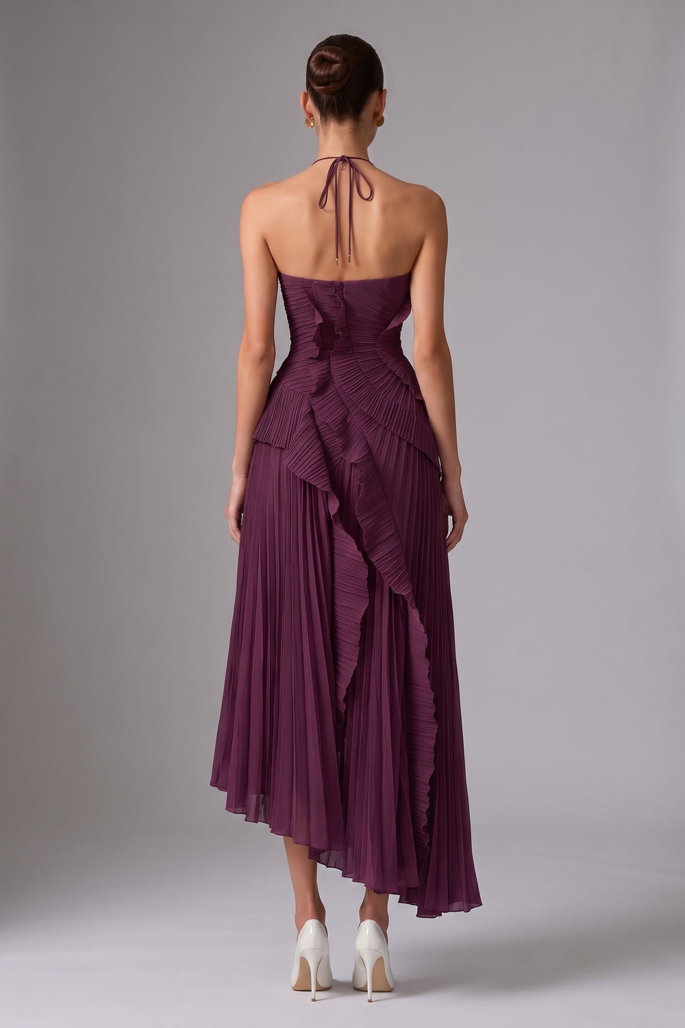 Deep Plum Asymmetrical Pleated Ruffle A-Line Dress Flowering Girl