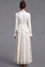 Ivory Floral Embroidered Lace A-line Maxi Dress with Tiered Waist Overlay Flowering Girl
