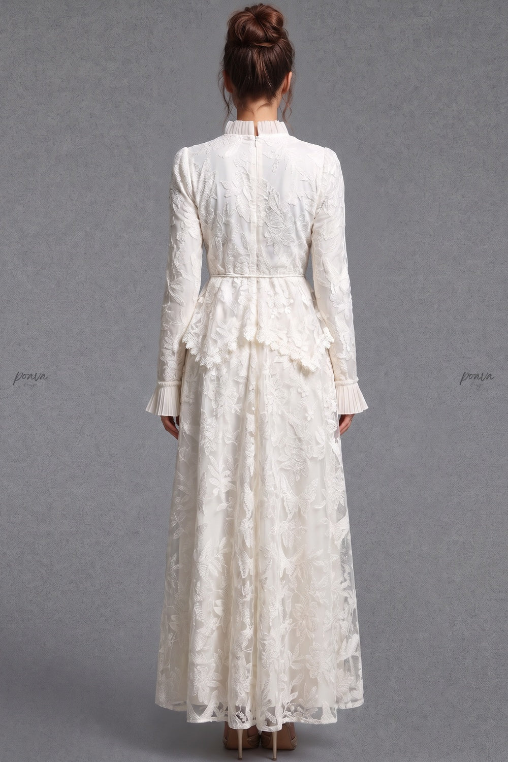 Ivory Floral Embroidered Lace A-line Maxi Dress with Tiered Waist Overlay Flowering Girl