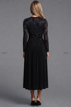 Black Velvet A-Line Midi Dress with Floral Lace and Sequin Waist Flowering Girl