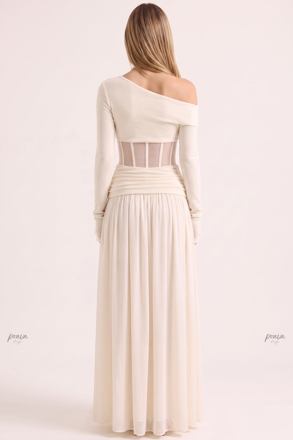 Cream Asymmetrical Off-The-Shoulder Maxi Dress with Sheer Corset Waist Flowering Girl